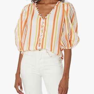 Trina Turk Striped V-Neck Blouse - Orange, Yellow, White
